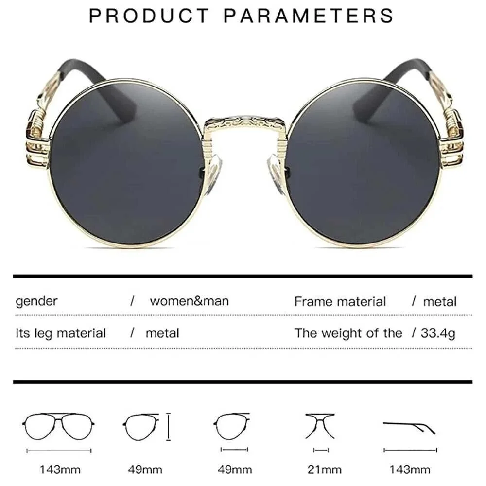 Retro Black Round Steampunk Sunglasses Hippie Glasses‎ Metal Men Trendy Street